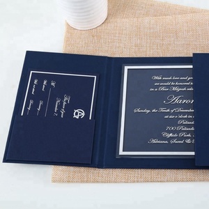 Classico foglio d'argento blu Navy Gatefold con copertina rigida in acrilico invito <span class=keywords><strong>per</strong></span> <span class=keywords><strong>matrimonio</strong></span> anniversario di compleanno evento aziendale - Product Image 1