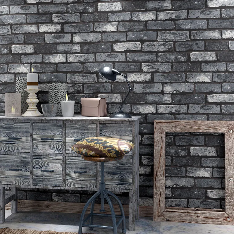 Retro 3D faux brick wall wallpaper hd images for cafe bar restaurant decor stone grey brick wallpaper