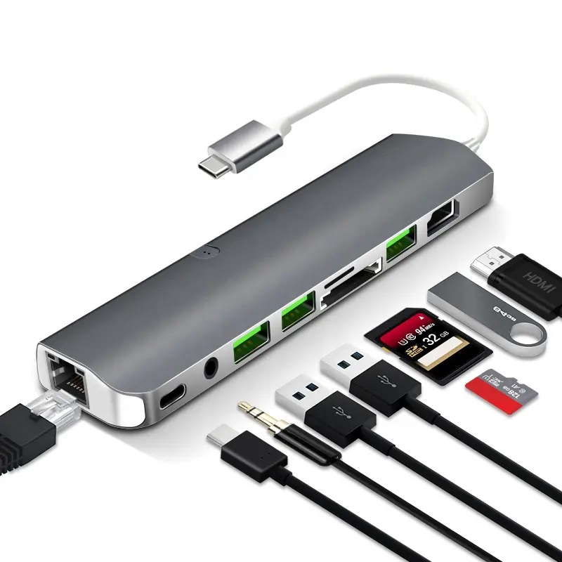 Nieuwe Ontwerp Usb Hub Kaartlezer Laadstation USB-C Hub 9-In-1 Type C Adapter Met USB3.0 hd Mi Sd Tf 3.5AUX RJ45 Pd Converter