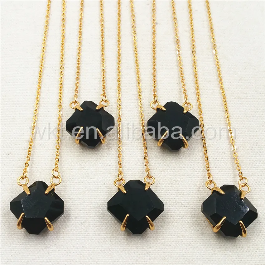 WT-N789 Wholesale 18k gold plated brass prong setting black agate necklace, fashion faceted prong black agate necklace