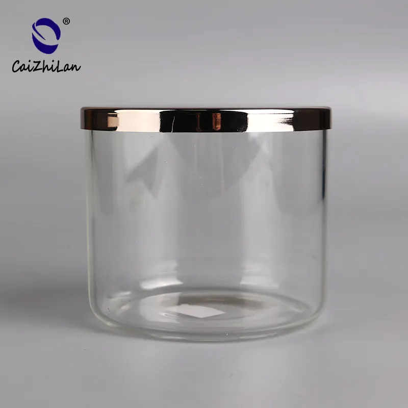 Customized Size Heat Resistant Round Shape Glass Candle Container With Metal Cover Candlestick Holder Luxury With Lid