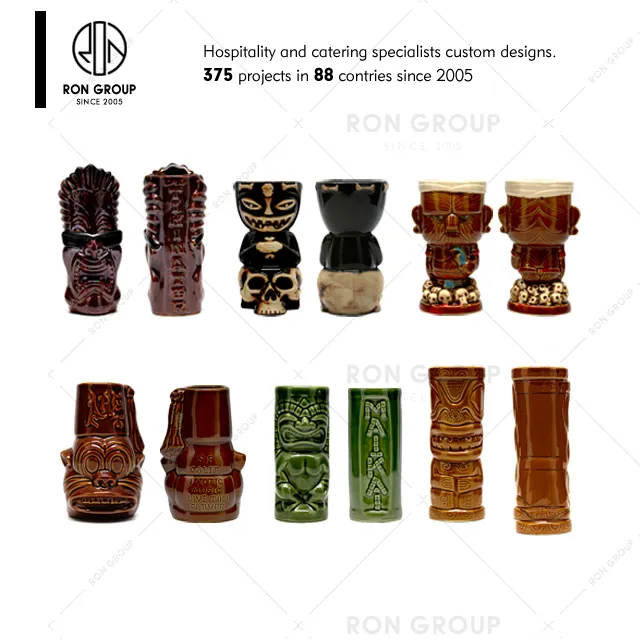 Hot Sale Wholesale Barware Supplier Unique Porcelain Hawaiian Shot Glass Ceramic Cocktail Cup Tiki Mug with Earring Relief Totem