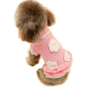 Cute Turtleneck Flower Studded Pink Female Dog Pet Dog Dress Sweater Apparel Winter Clothes