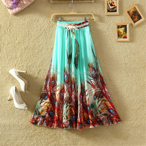 Hot New Plus Size Peacock Feather <strong>Silk</strong> Elastic Waist Big Bottom Printed Bohemia <strong>Skirt</strong> Women Full <strong>Long</strong> Chiffon <strong>Skirt</strong> - Product Image 2