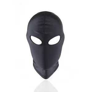 Stretch Fabric black bondage hood mask with eyes open for restraint or slave cosplay