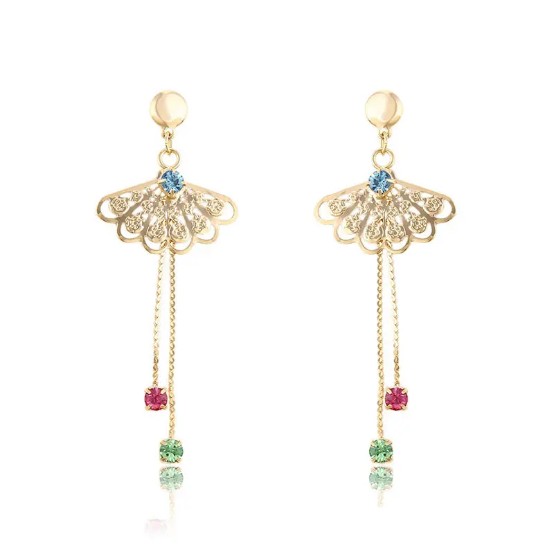 24146 Best selling new design stylish jewelry long tassel gold plated diamond drop earring