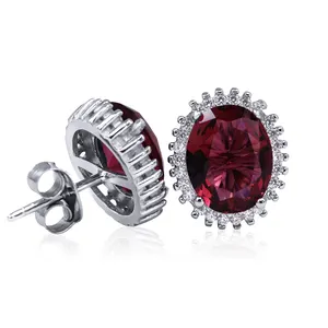 Pendientes de tuerca de racimo de cristal de rubí sintético, Gema roja de Plata de Ley 925 sólida, superventas - Product Image 1
