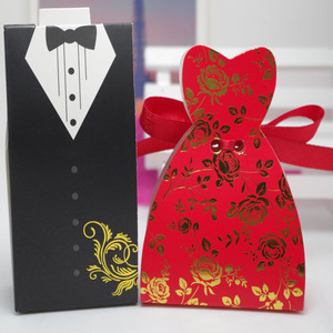 Venta al por mayor Hot Stamp novia y novio boda Favor caja de papel con cinta de seda - Product Image 6