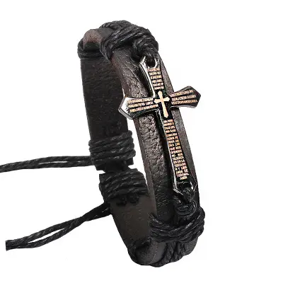 Cross Bracelets Religion Bible Genuine Leather Weaving Chain Beads jewelry Bracelet For Men