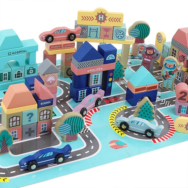 133 Pcs Geometric Shapes Assembled Building City Scenes Wooden Blocks Toy Kids Early Educational Block City Building Blocks