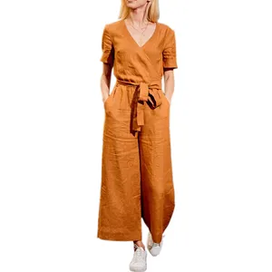 Customize Short Sleeve Soft Linen Wrap Jumpsuit for Woman