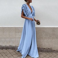 Women's Long Ruffle Sleeve Maxi Dress, Deep V Neck