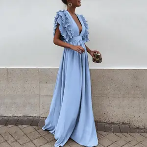 S-3XL Cộng Với Kích Thước Thanh Lịch Dài Dresses Prom Đảng Summer Quần Áo Cho Phụ Nữ Sâu V Cổ Sexy Backless Maxi Dress Ruffle Tay Áo