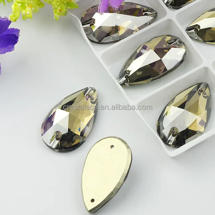 Black diamond flat เย็บบน rhinestones tear drop pear รูปร่างกลับคริสตัลหิน