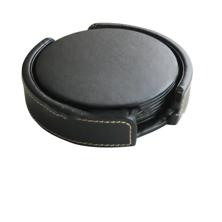 custom unique promotional new design rounded black PU leather hot drink coasters