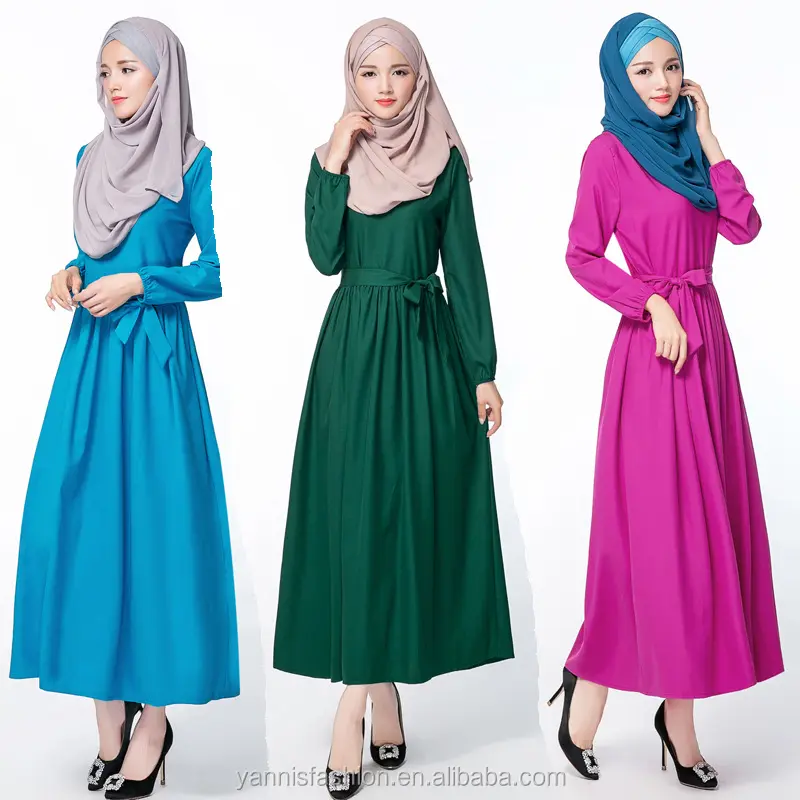 Fashion Stylish Muslim Gaun Solid Abaya DI Dubai Pakaian untuk Wanita Lengan Panjang Malaysia Indonesia Pakaian Muslim