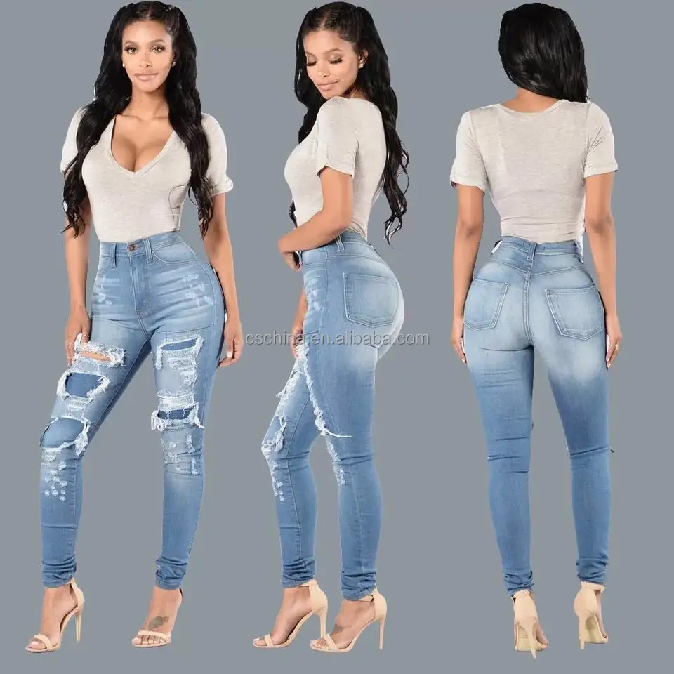 2017 mode-straße Zerrissenen jeans frauen, frauen hohe taille dame jeans denim dünne stretch d jeans