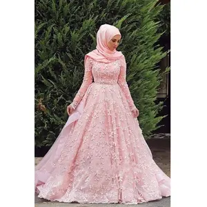 Muslin High Quality Best Pink Long Sleeve Bridal Gowns