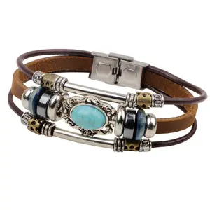 Retro Mode Vrouwen Mannen Bangle Turquoise Kralen Multilayer Zwart Bruin Lederen Wrap Armband