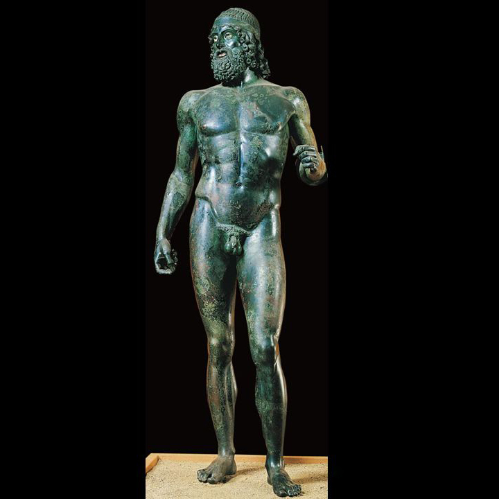 リアチェの等身大ギリシャブロンズ彫刻、裸のひげを生やした戦士像