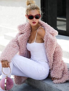 Nuovo stile rosa soffice colletto ampio con risvolto in pelliccia di agnello cappotto lungo pelliccia di agnello <span class=keywords><strong>per</strong></span> le donne rosa Beige, bianco - Product Image 3