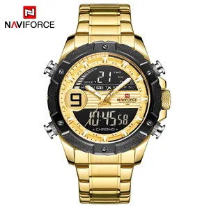 Naviforce นาฬิกาสีทองหรูหรา Nf9146ผู้ชาย, นาฬิกาควอตซ์ดิจิตอลปฏิทินวันที่และสัปดาห์นาฬิกาข้อมือ