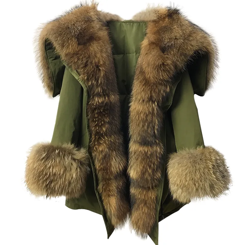 Fashion Design Women Big Raccoon Fur Collar fur Trim Parka Jacket High Quality White Duck Down Lining Winter Warm Real Fur Parka
