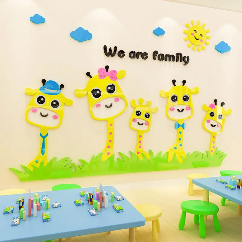 Lovely cartoon Giraffe family wall sticker kindergarten wall deco for kids room