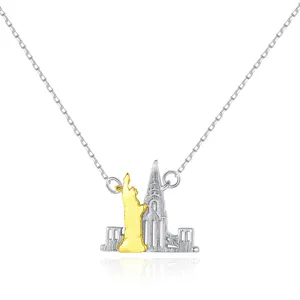 CZCITY New Metal Brushed 925 Sterling Silver Jewelry Double Gold Plated Castle Pendant Necklace Trendy