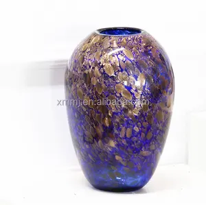 Moderne Handgeblazen Art Blauw Goud Murano Glas Korte Transparante Glazen Vaas