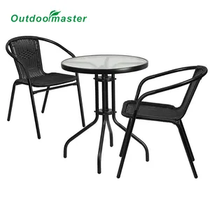 3pcs Bistro Set, Round Glass Metal Table, 2pcs Rattan Stack Chairs