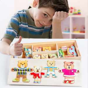 Jouet éducatif Puzzle en <span class=keywords><strong>bois</strong></span> Famille d'ours <span class=keywords><strong>à</strong></span> habiller Jeu de changement de vêtements Cadeaux créatifs DIY - Product Image 3