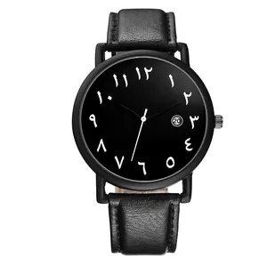 อาหรับนาฬิกาสไตล์ปฏิทินนาฬิกากีฬา PU สายหนังนาฬิกาออกแบบที่กำหนดเอง Dial โลโก้แบรนด์นาฬิกาข้อมือ