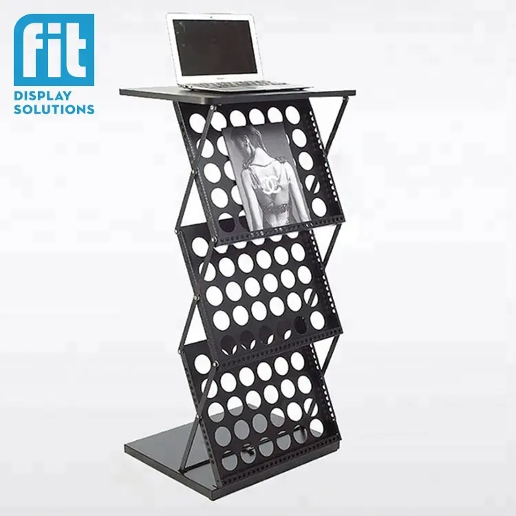 Rack portátil de coluna de ferro 3 tier, exibição de jornal, suporte dobrável, estação de trabalho portátil para laptop