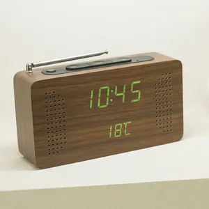 Attivazione vocale di legno FM radio portatile LED di allarme orologio con visualizzazione della temperatura interna