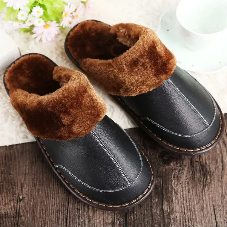 Pantufa genuína de couro de pelo natural, chinelo para casa