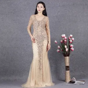 V Cổ Dài Tay Áo Phụ Nữ Bán Buôn Evening Dresses 2019 Hạt Nặng Làm Việc Sang Trọng Của Phụ Nữ Champagne/Xám Màu Prom Dresses Evening