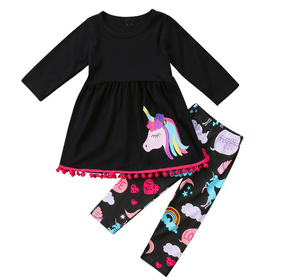 Wholesale girl baby Set black Top and pants cotton Unicorn kids girl dresses - Product Image 1