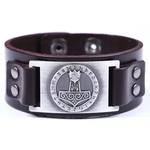 (High) 저 (Quality Nordic VikingThor's Hammer 24 부적 딘 룬 부적의 Sprial Jewellery Genuine Leather Bracelet Bangle 대 한 Men