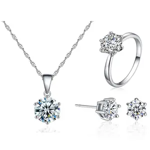 Hot Koop Klassieke Zes Poten Zirconia Verklaring Ketting Oorbellen Ring Set Luxe Vrouwen Bruiloft Bruids Sieraden Set (KJ067)