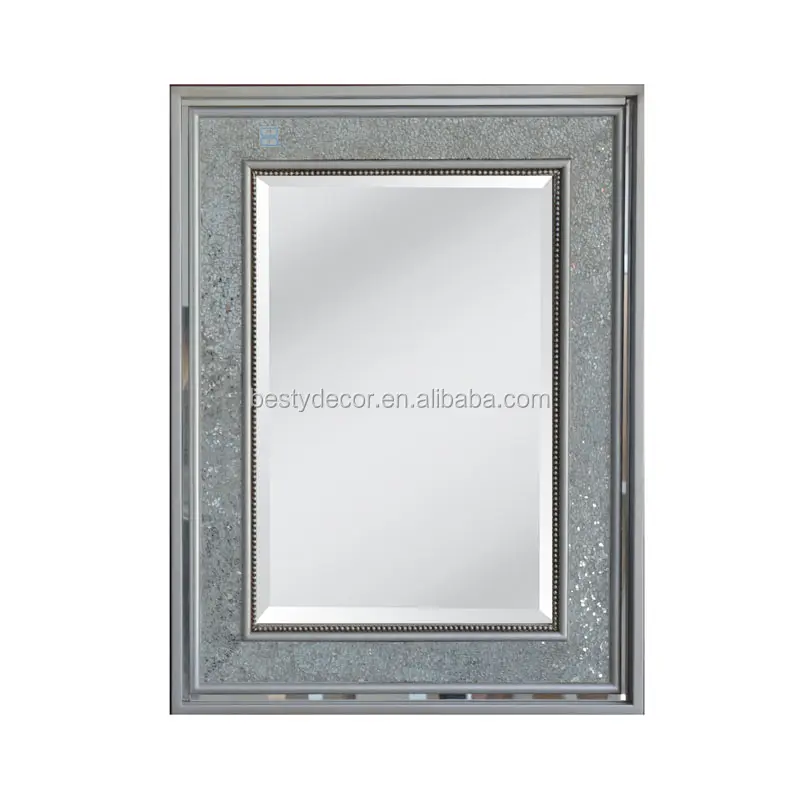 Mosaic Frame Mirror Decorative Crushed Glass Modern Silver Clear Mirror Wood Hanger