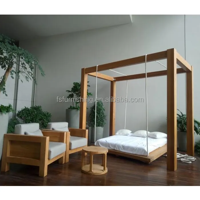 Indoor Moderne Slaapkamer Meubilair Luxe Massief Hout Teak Bed Set Tuin Moderne Cool Aangepaste Queen King Size Swing Bed