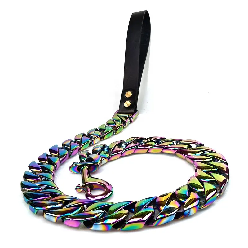 China fabriek leverancier lederen handvat duurzaam metalen decoratieve rainbow aurora kleur ketting grote ras hond riemen