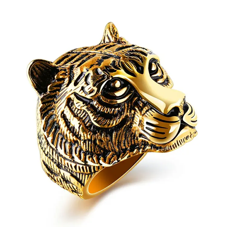 Stainless Steel Punk Jewelry High Quality Animal Head Design Mens Jewelry Gold Casting Ring Gold Tiger Rings