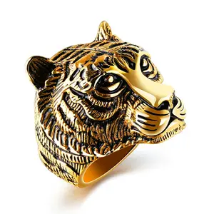 Perhiasan Punk baja tahan karat desain kepala hewan kualitas tinggi perhiasan pria cincin emas cincin harimau