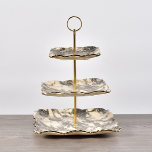 Unique 3 Tier Hotel Restaurant Used Ceramic Dessert Plate / Party Wedding Decoration Black <strong>Marble</strong> <strong>Cake</strong> <strong>Stand</strong> with Gold Rim - Product Image 3