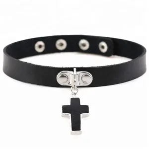Newest style Simple PU Leather Collars Choker Cross Pendant Statement Necklace