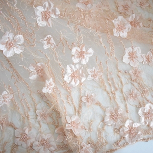 Leichte Pfirsich Tüll Spitze Kleid Stoff Afrian Französisch 3d Spitze Stoff mit reiner Handarbeit Perlen Braut Spitze HY0735-4 - Product Image 1