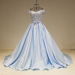 LS64111 fuera del hombro apliques elegantes vestidos con cinturón de encaje hasta satén azul claro prom vestidos de noche 2017 - Product Image 3