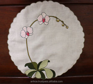 <b>Round</b> Embroidered <b>Placemat</b>, Pure Linen <b>Placemat</b> - Product Image 1
